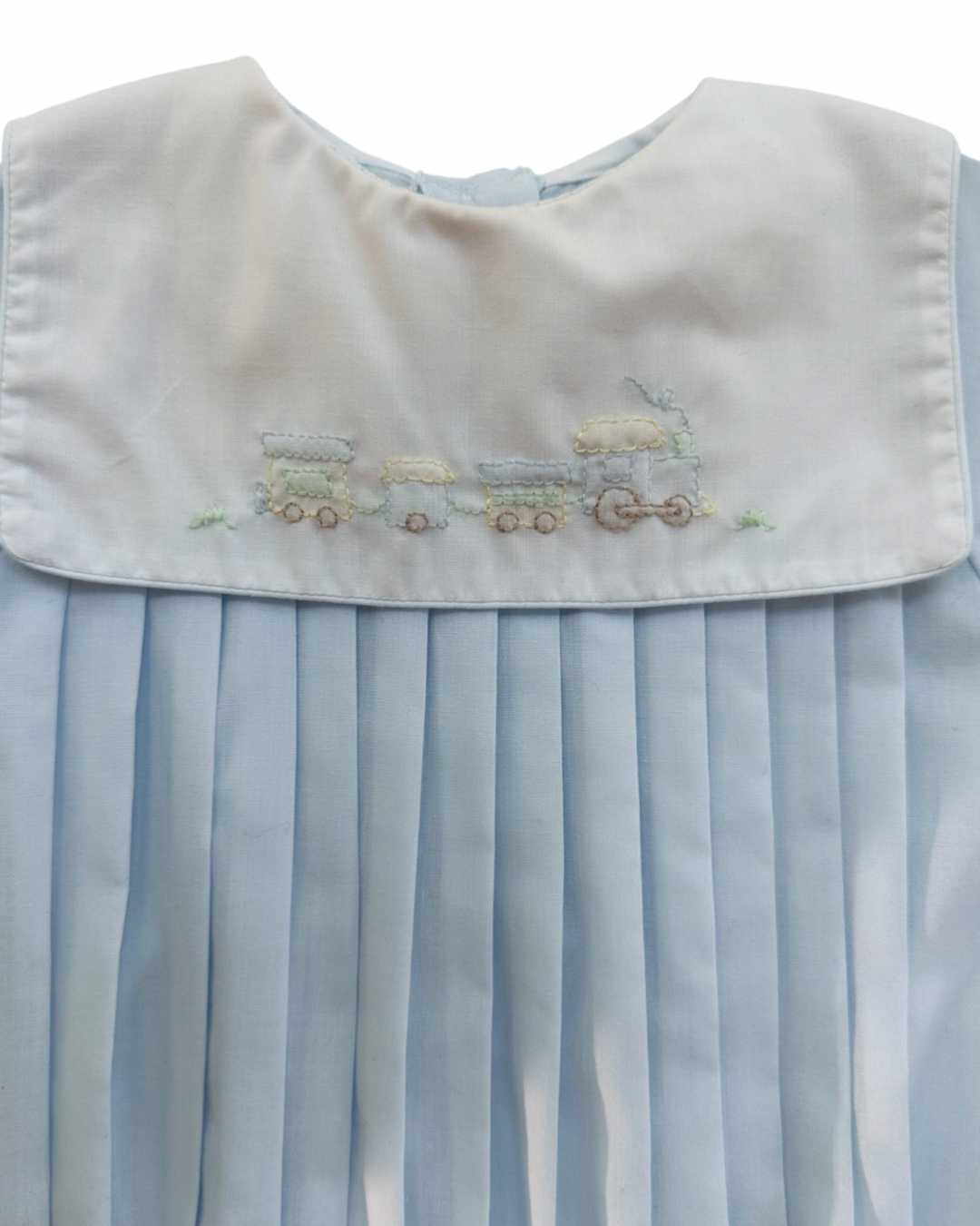 6M Baby Boy Classic Petit Ami Light Blue Bubble with Embroidered Train Collar