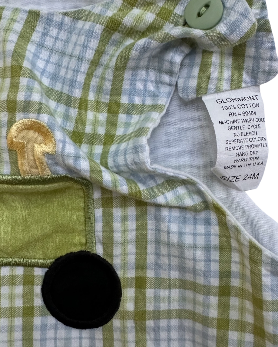 24M Baby Boy Glorimont Green / Blue Plaid Tractor John John Romper