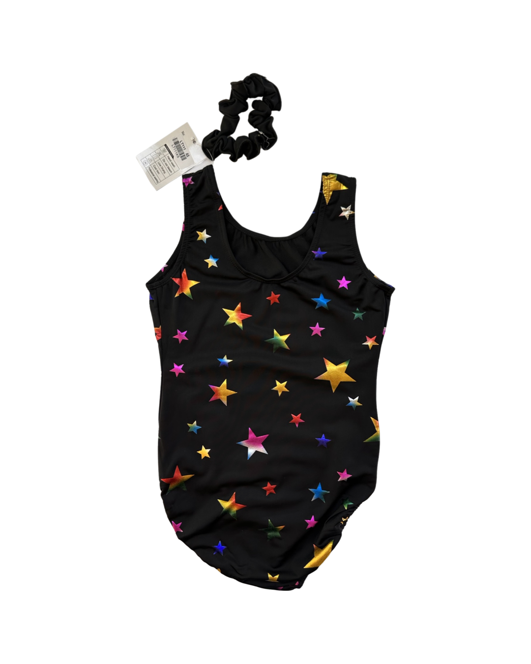 Youth Girls Size 12Y /14Y Black Dance / Gymnastics Leotard with Shimmer Iridescent Stars and Matching Scrunchie