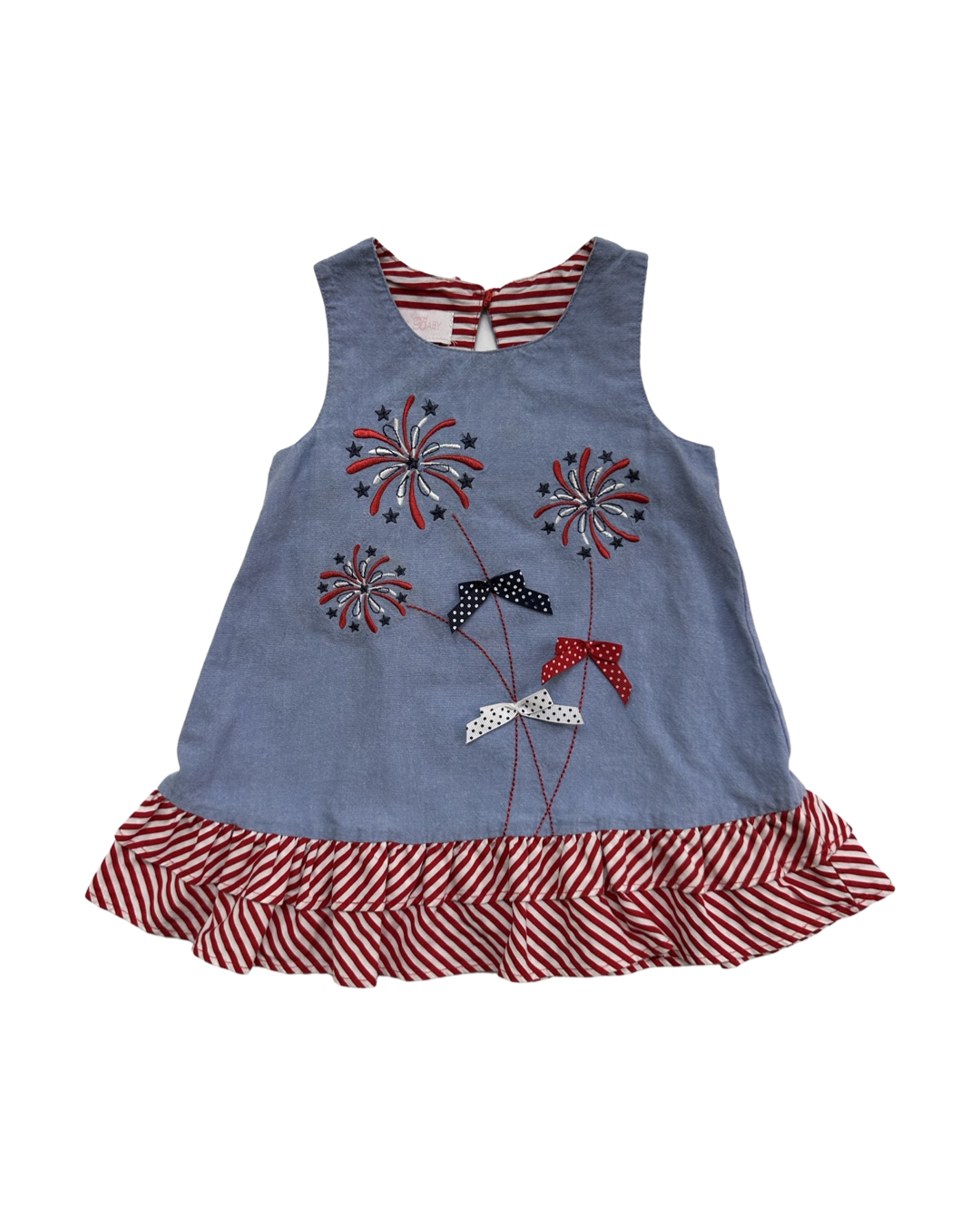 12M Baby Girl Bonnie Baby Chambray Patriotic Dress with Embroidered Fireworks and Red / White & Blue Bows