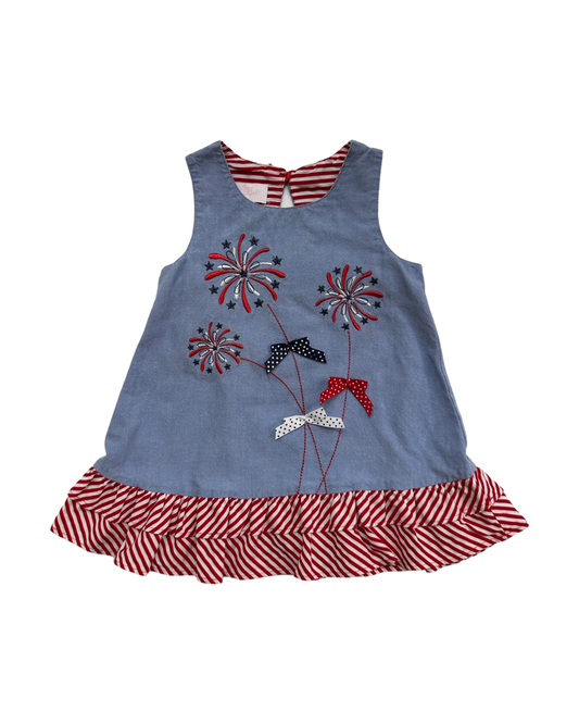12M Baby Girl Bonnie Baby Chambray Patriotic Dress with Embroidered Fireworks and Red / White & Blue Bows
