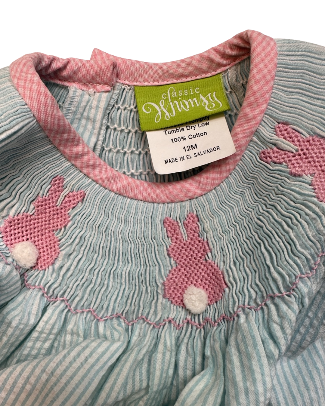 12M Baby Girl Blue / Pink Classic Whimsy Smocked Bunny Bum Flutter Sleeve Dress