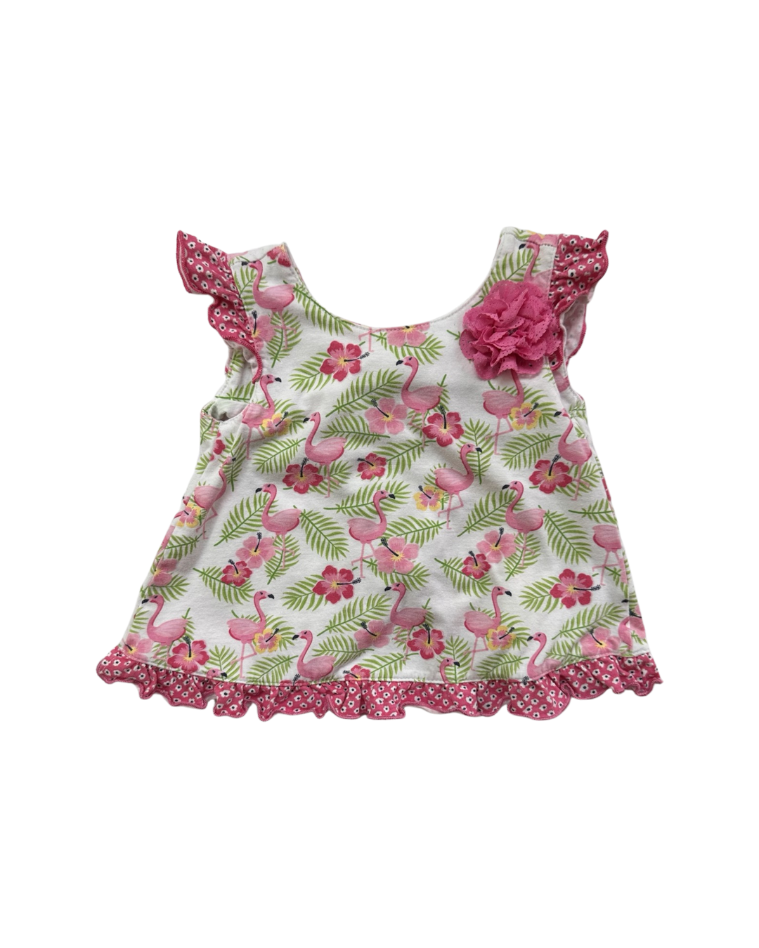 18M Baby Girl Nannette Baby Pink Flamingo Pinafore Top with Rufflebutt Bloomers