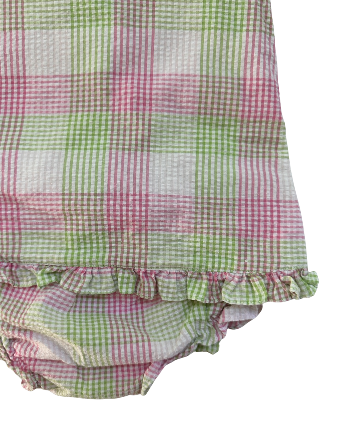 9M Baby Girl Petit Ami Pink / Green Plaid Cross Back Pinafore Top and Ruffle Bottom Bloomers