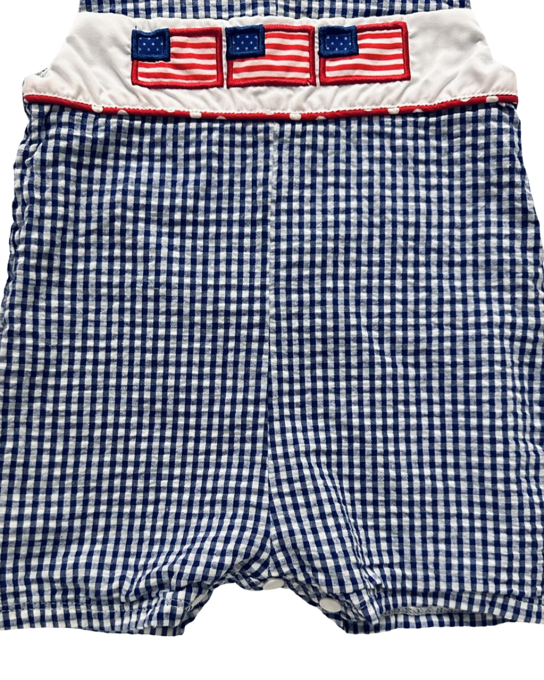 6-12M Baby Boy XS Blue Gingham American Flag Embroidered Shortie Romper