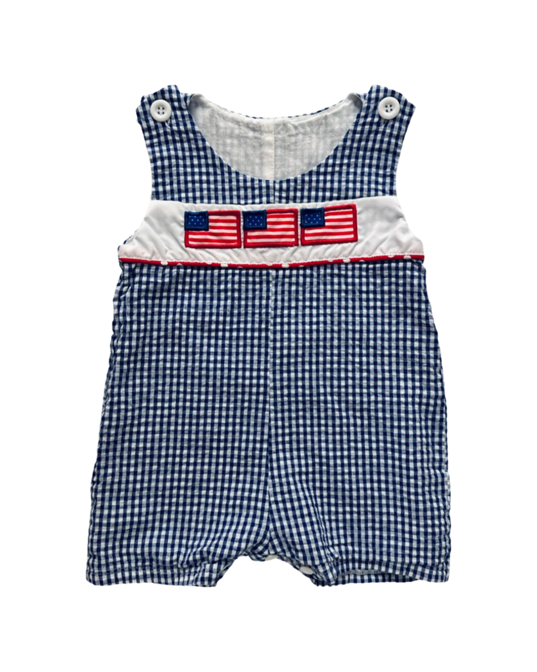 6-12M Baby Boy XS Blue Gingham American Flag Embroidered Shortie Romper