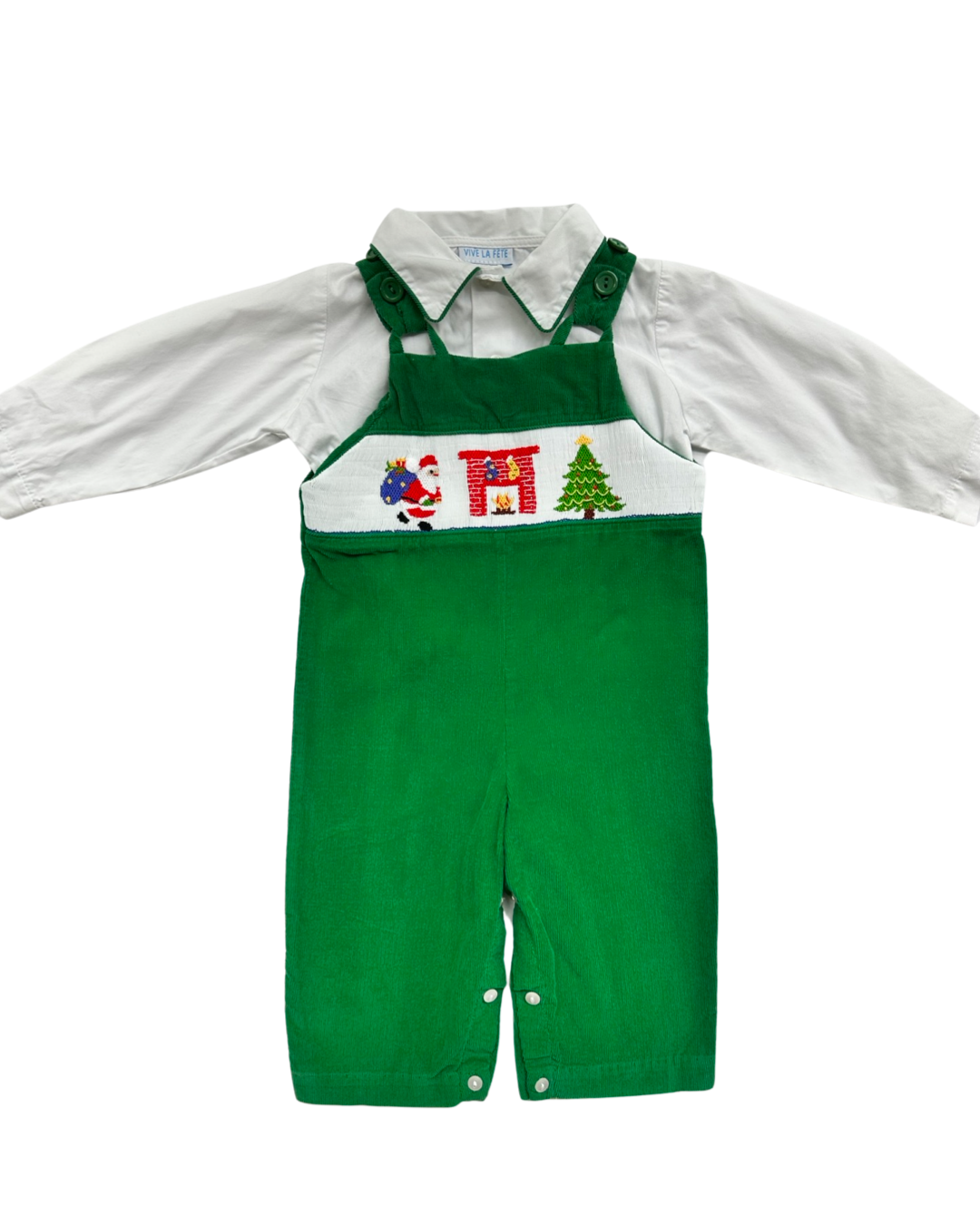 12M Baby Boy Vive La Fete Green Smocked Overall Corduroy Longall with Undershirt