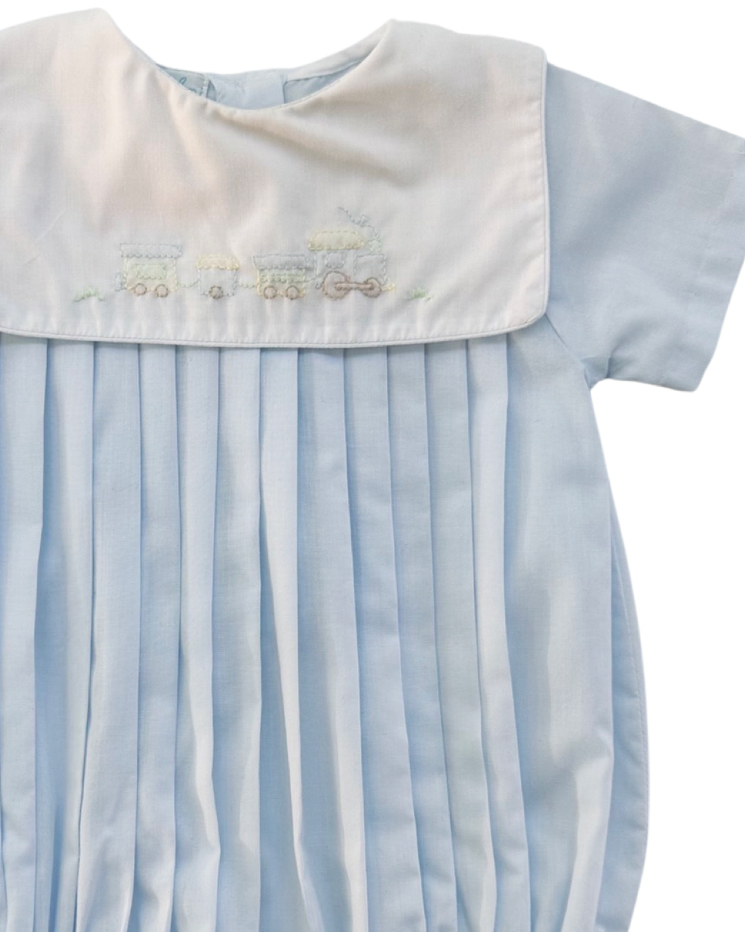 6M Baby Boy Classic Petit Ami Light Blue Bubble with Embroidered Train Collar