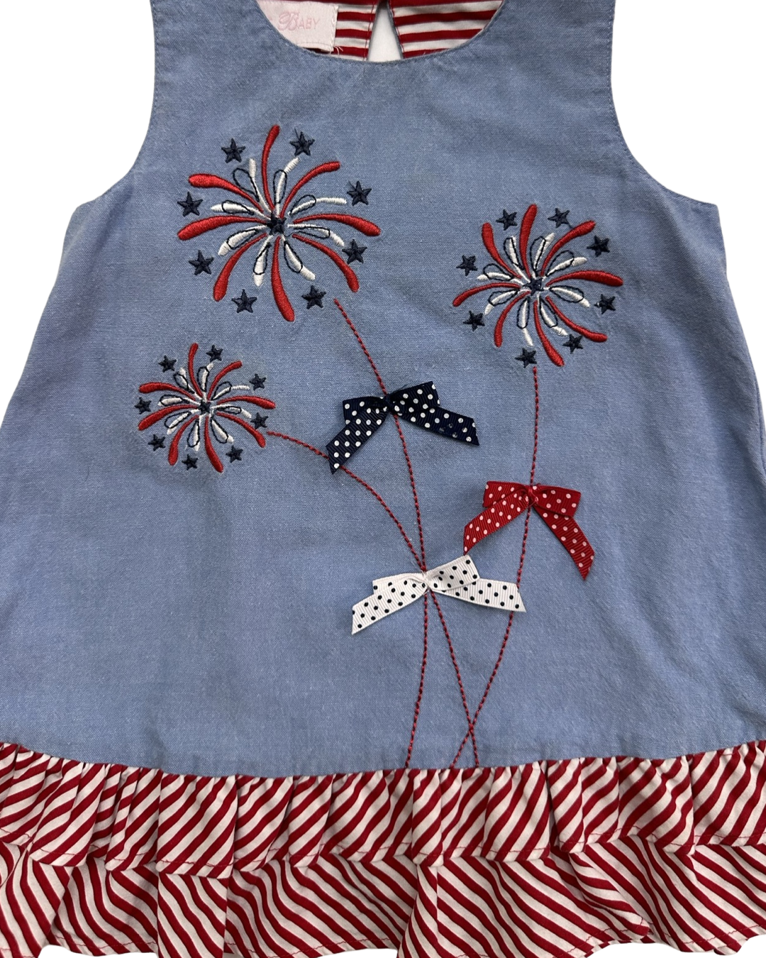 12M Baby Girl Bonnie Baby Chambray Patriotic Dress with Embroidered Fireworks and Red / White & Blue Bows