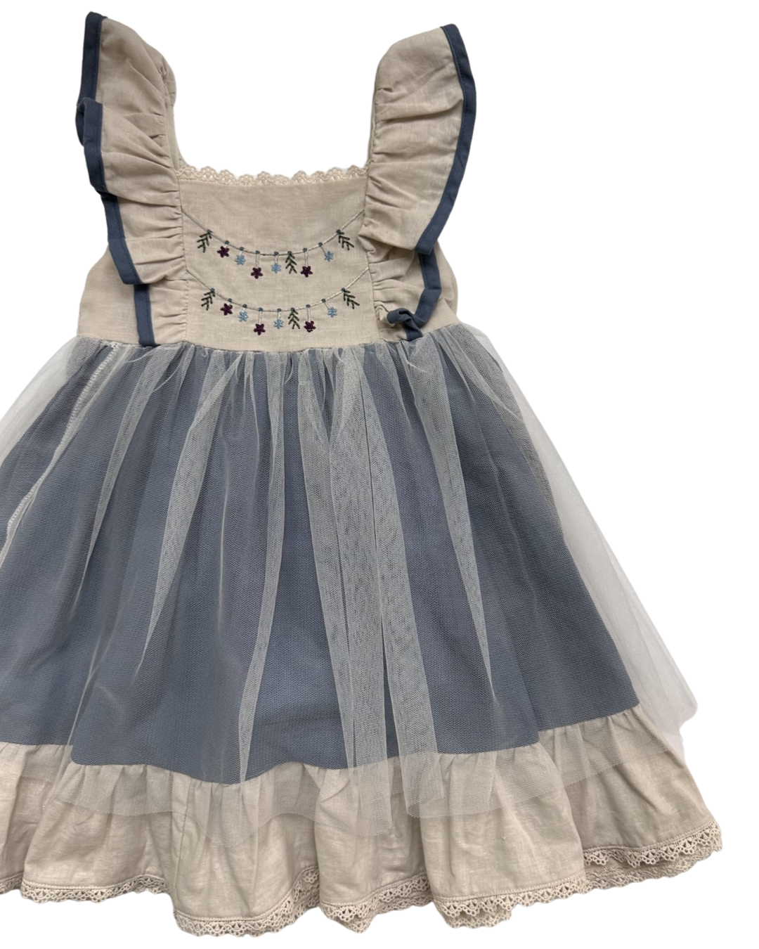 4T Toddler Girl Only Little Once Flutter Sleeve Tulle Dress with Floral Embroidered Top