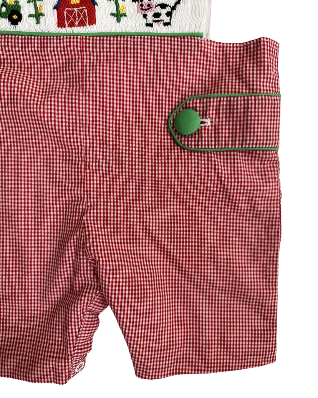 12M Baby Boy Babeeni Red Gingham Smocked Tractor Farm Romper