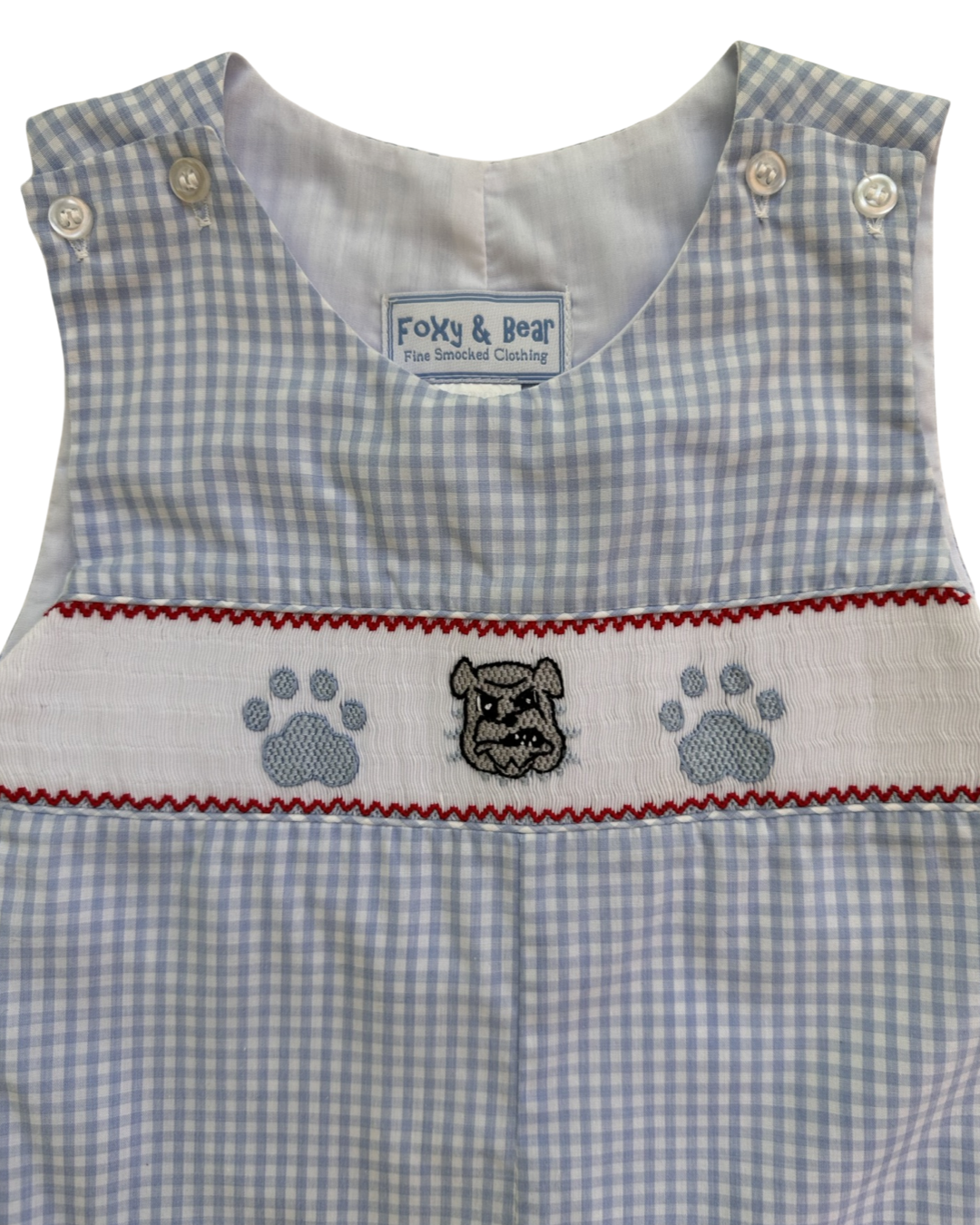 2T Toddler Boy Blue Gingham Foxy & Bear Smocked Bulldog Romper