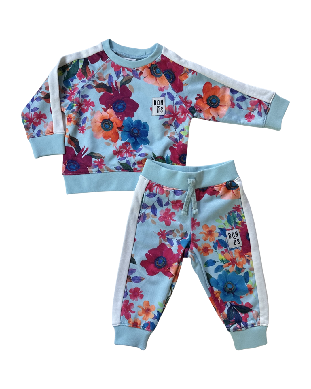 6-12M Baby Girl Size 0 Bonds Wondersuit Blue Floral Jogger Set Sweatshirt & Joggers