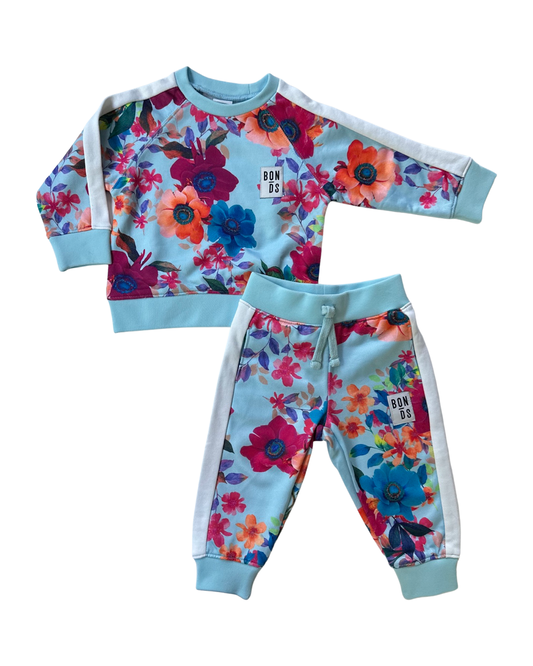 6-12M Baby Girl Size 0 Bonds Wondersuit Blue Floral Jogger Set Sweatshirt & Joggers