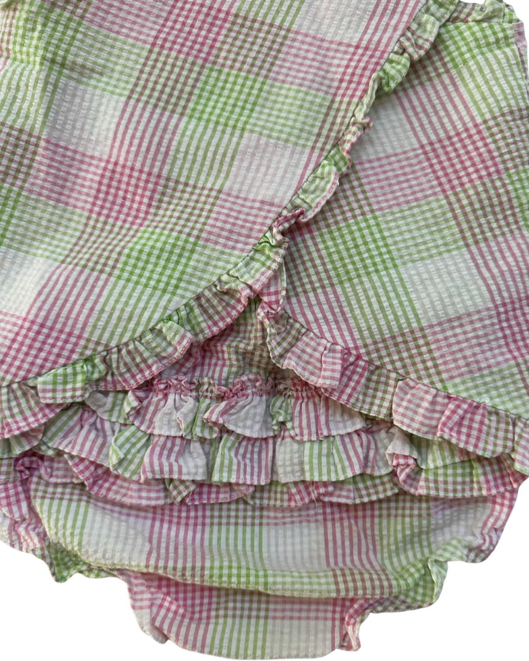 9M Baby Girl Petit Ami Pink / Green Plaid Cross Back Pinafore Top and Ruffle Bottom Bloomers