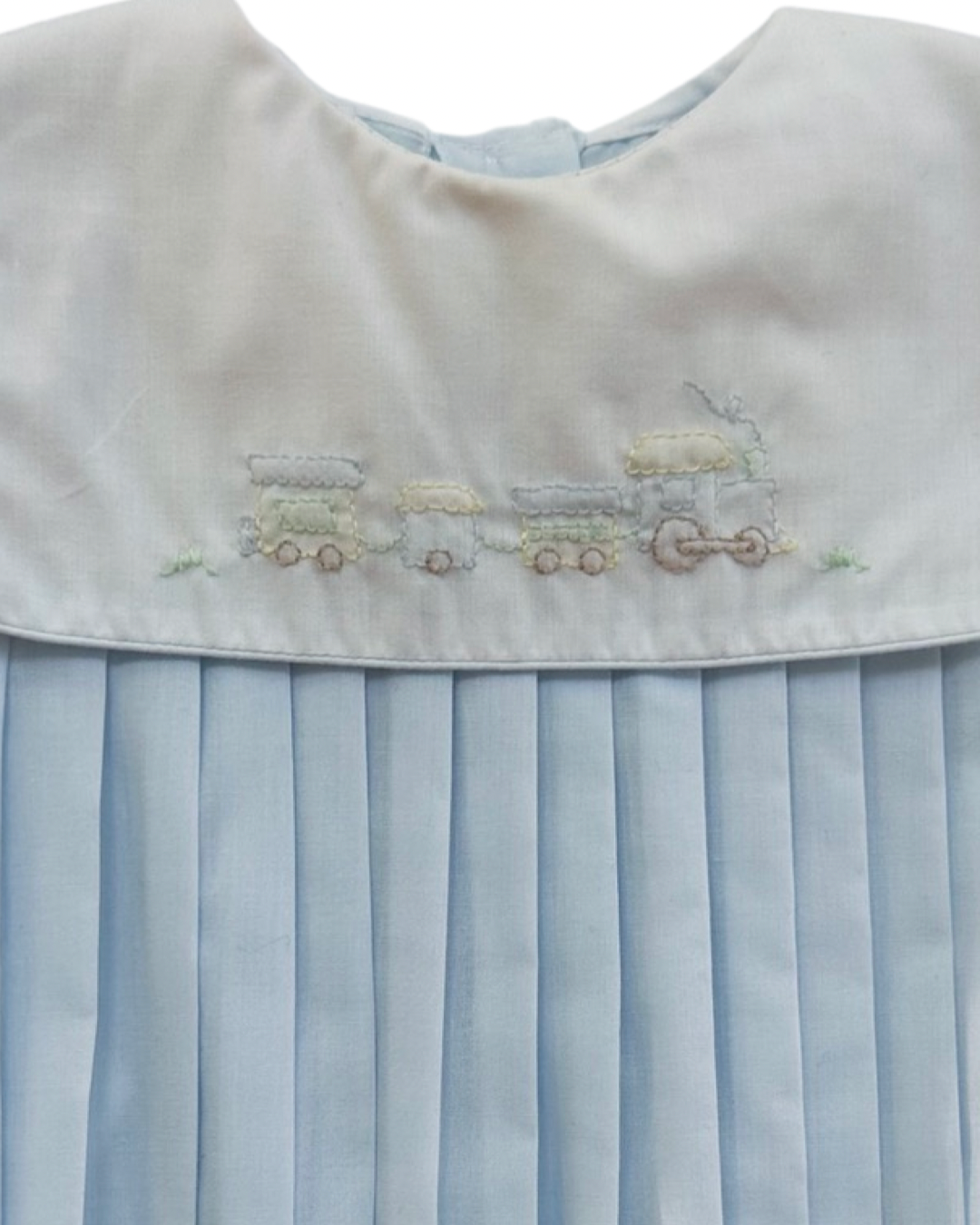 6M Baby Boy Classic Petit Ami Light Blue Bubble with Embroidered Train Collar