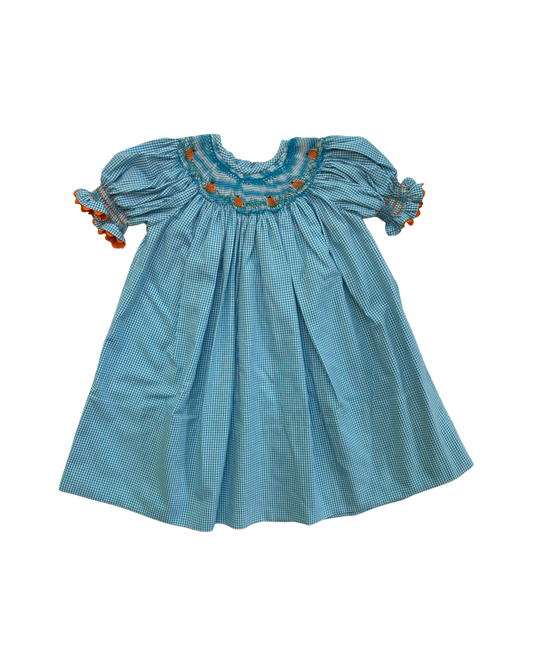 12M Baby Girl Blue Gingham Smocked Pumpkin Dress