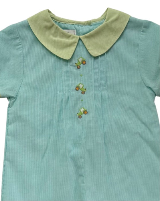 12M Baby Boy Petit Ami Aqua / Green Gingham Tractor Romper
