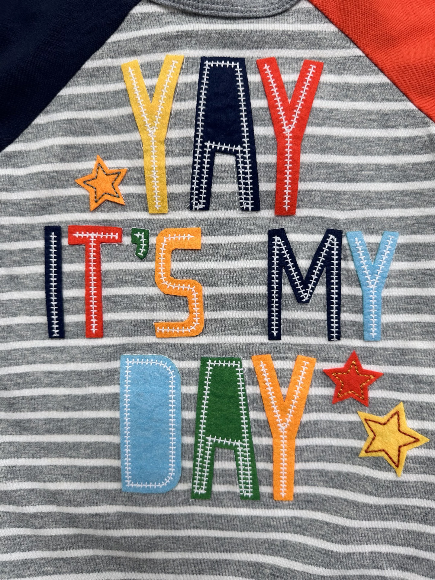 12M-18M Baby Boy MudPie “Yay It’s My Day” Gray Striped Romper