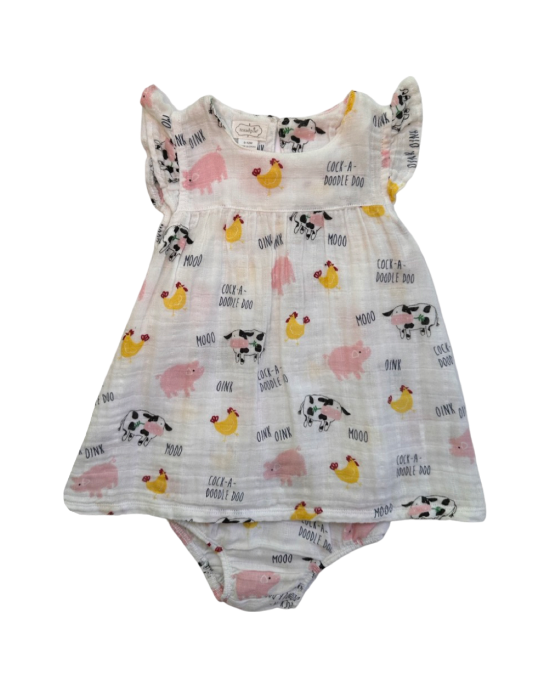9M Baby -12M Baby Girl Mud Pie Farm Animal Muslin Dress w/ Bloomers