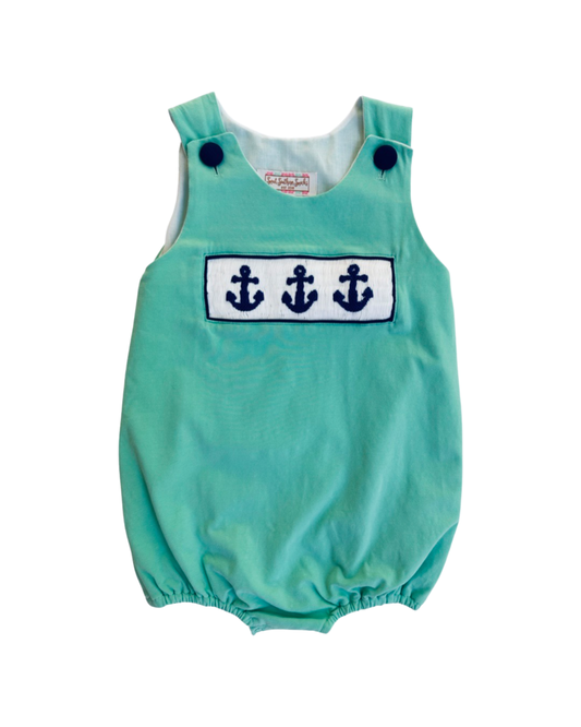 2T Toddler Boy Sweet Southern Smocks Aqua Bubble with Smocked Navy Anchors