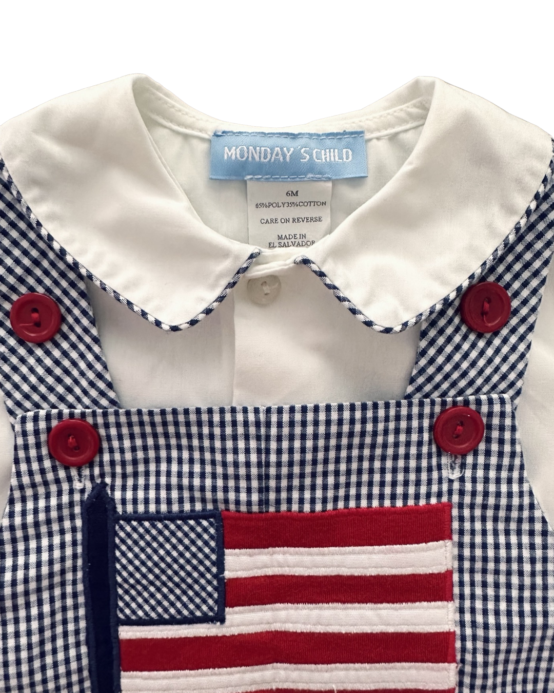 6M Baby Boy Mondays Child Boutique Blue Gingham American Flag Romper