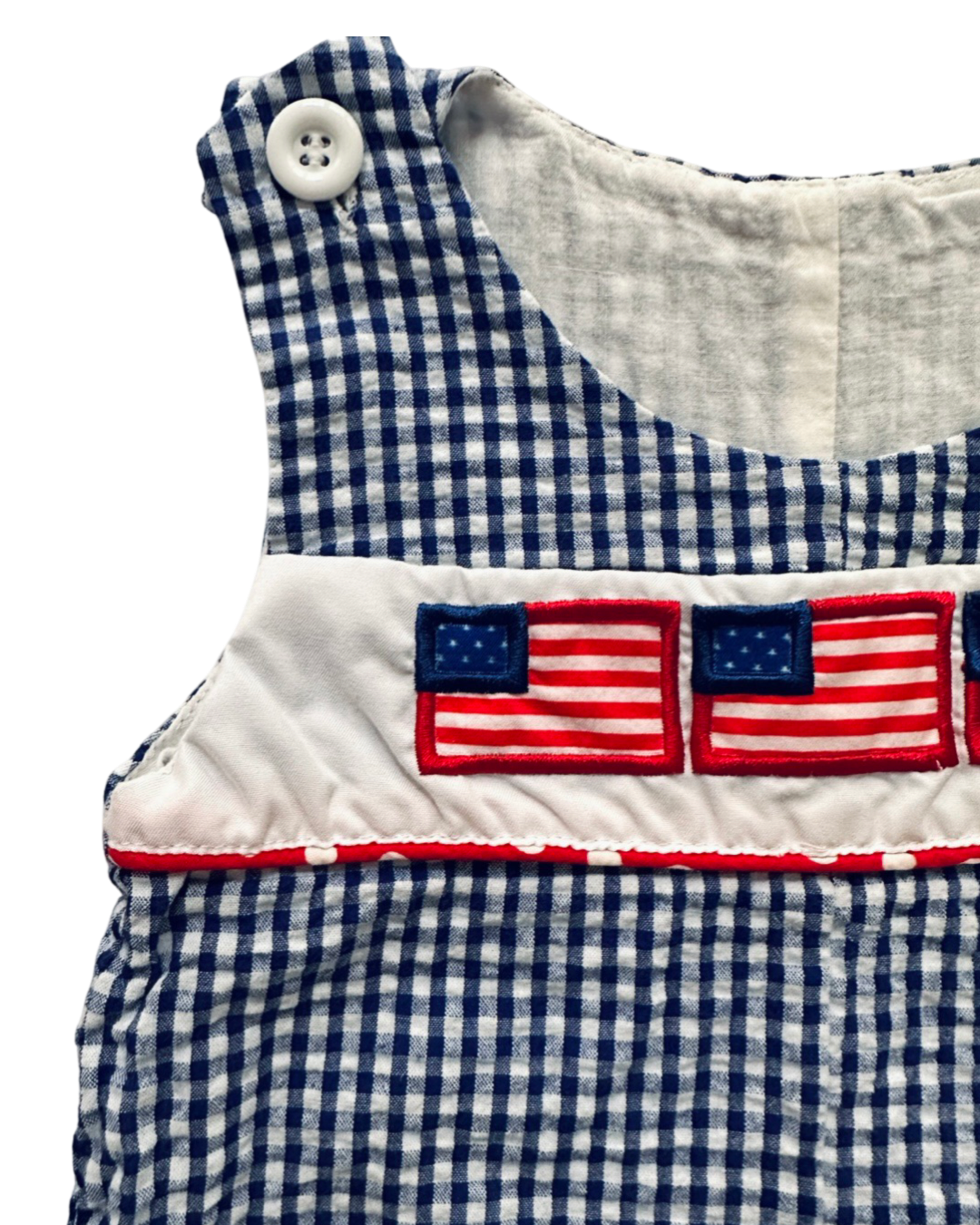 6-12M Baby Boy XS Blue Gingham American Flag Embroidered Shortie Romper