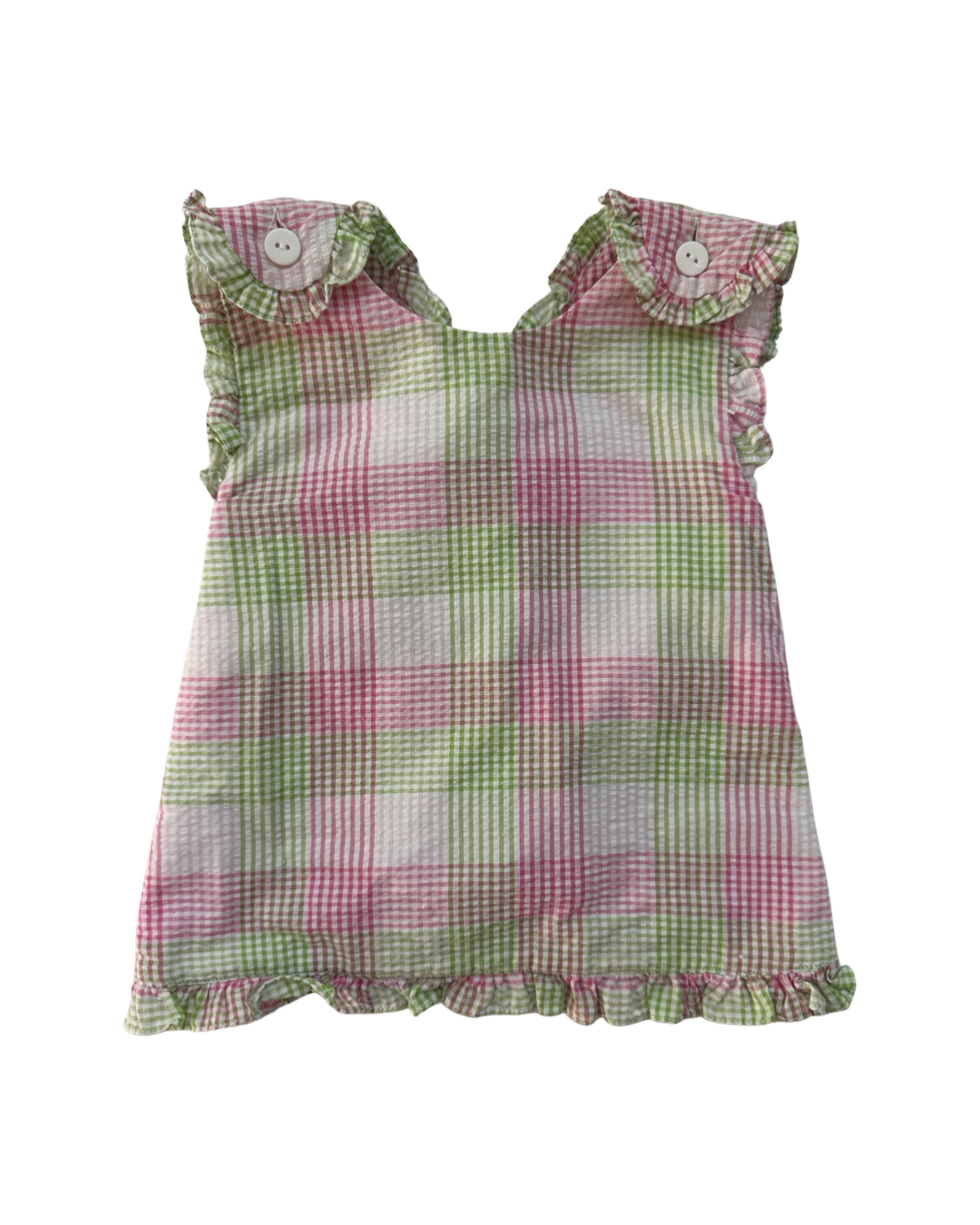 9M Baby Girl Petit Ami Pink / Green Plaid Cross Back Pinafore Top and Ruffle Bottom Bloomers