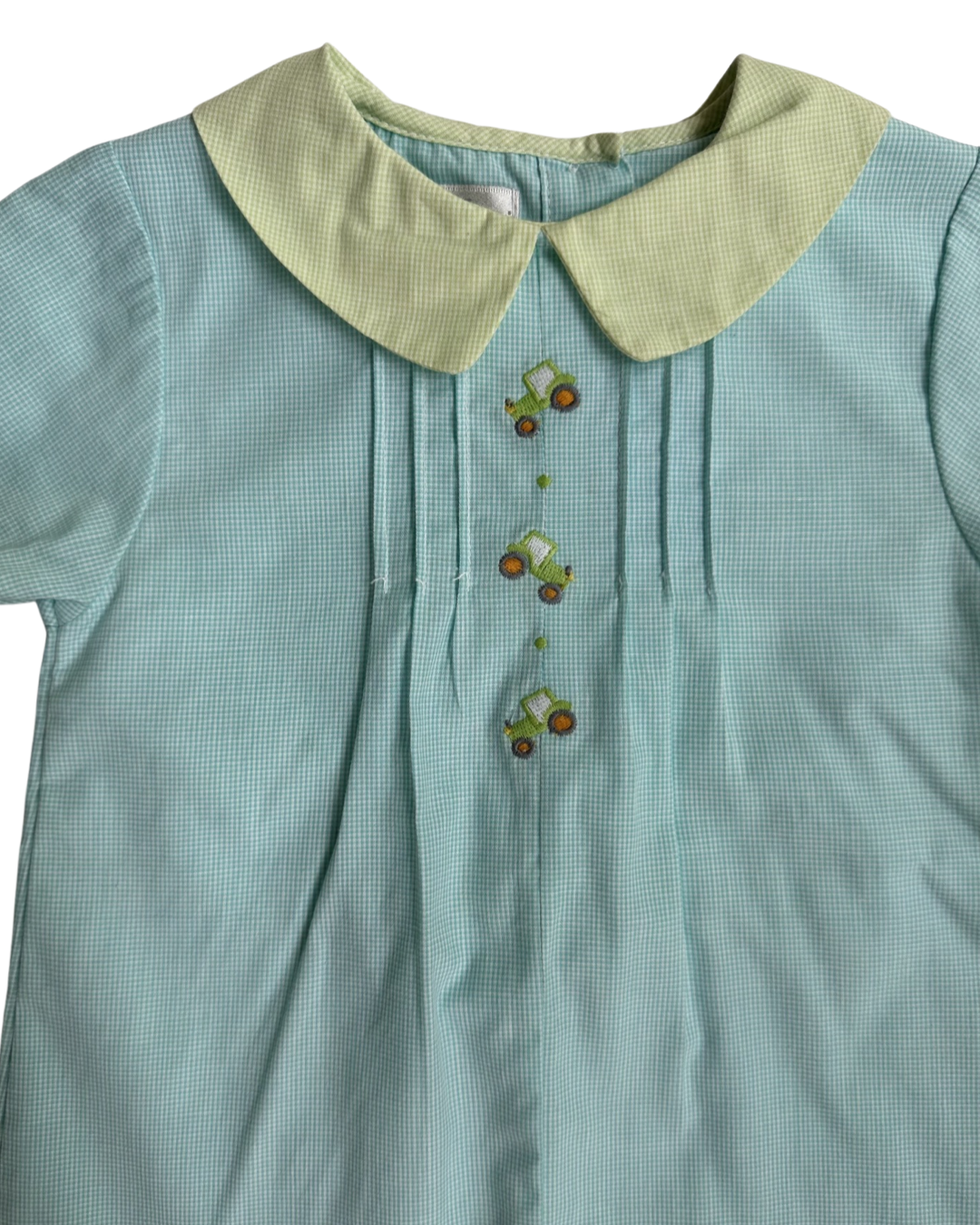 12M Baby Boy Petit Ami Aqua / Green Gingham Tractor Romper