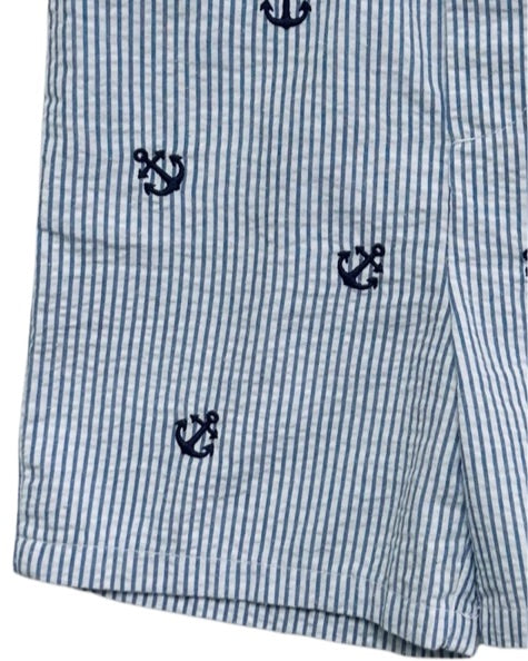 24M Baby Boy Blue Striped Seersucker Shorts with Navy Embroidered Anchors