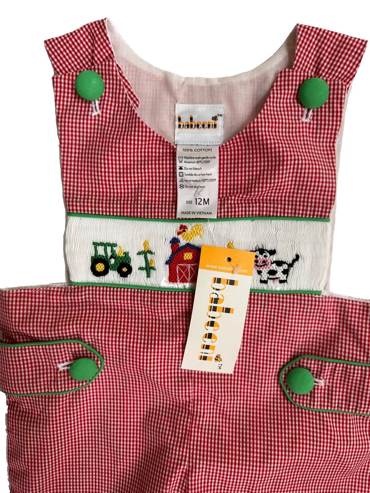 12M Baby Boy Babeeni Red Gingham Smocked Tractor Farm Romper