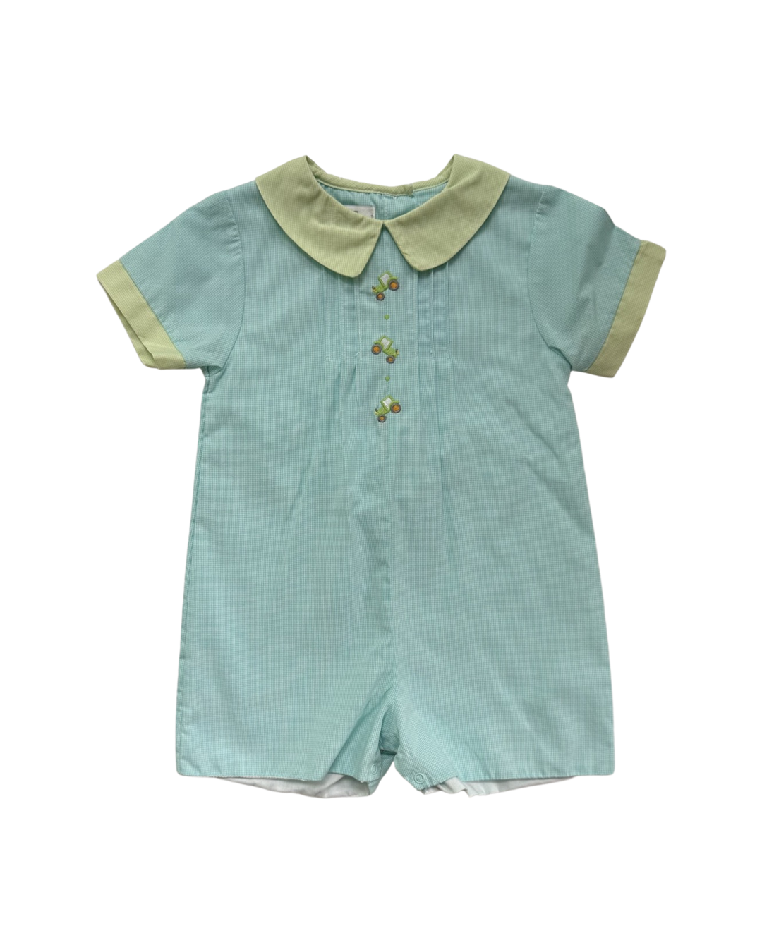 12M Baby Boy Petit Ami Aqua / Green Gingham Tractor Romper