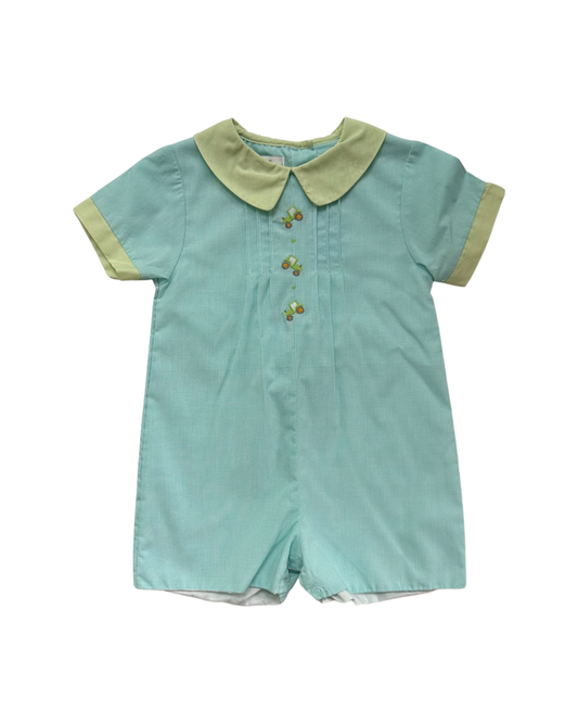 12M Baby Boy Petit Ami Aqua / Green Gingham Tractor Romper