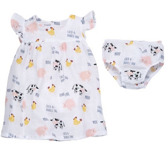 9M Baby -12M Baby Girl Mud Pie Farm Animal Muslin Dress w/ Bloomers