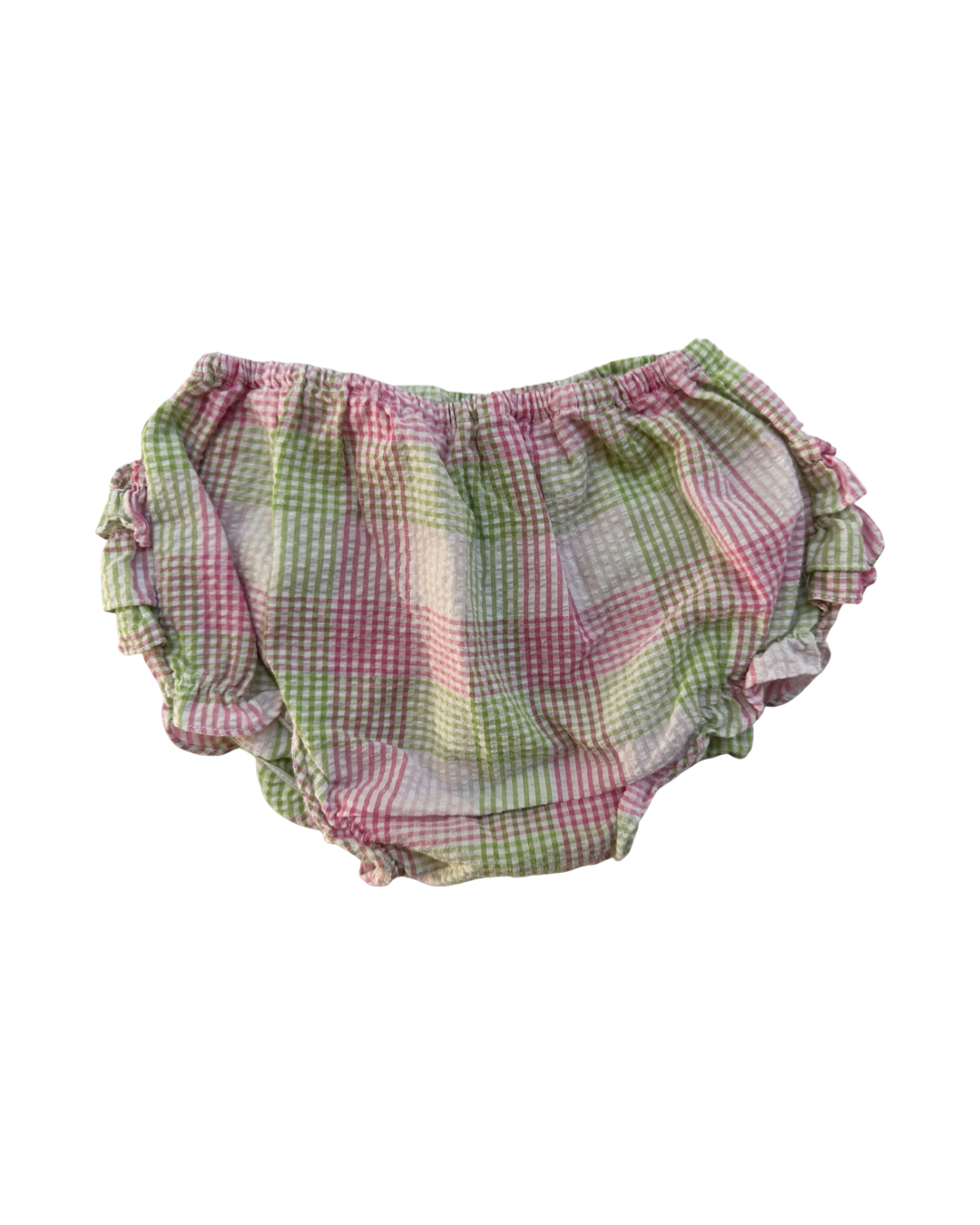 9M Baby Girl Petit Ami Pink / Green Plaid Cross Back Pinafore Top and Ruffle Bottom Bloomers