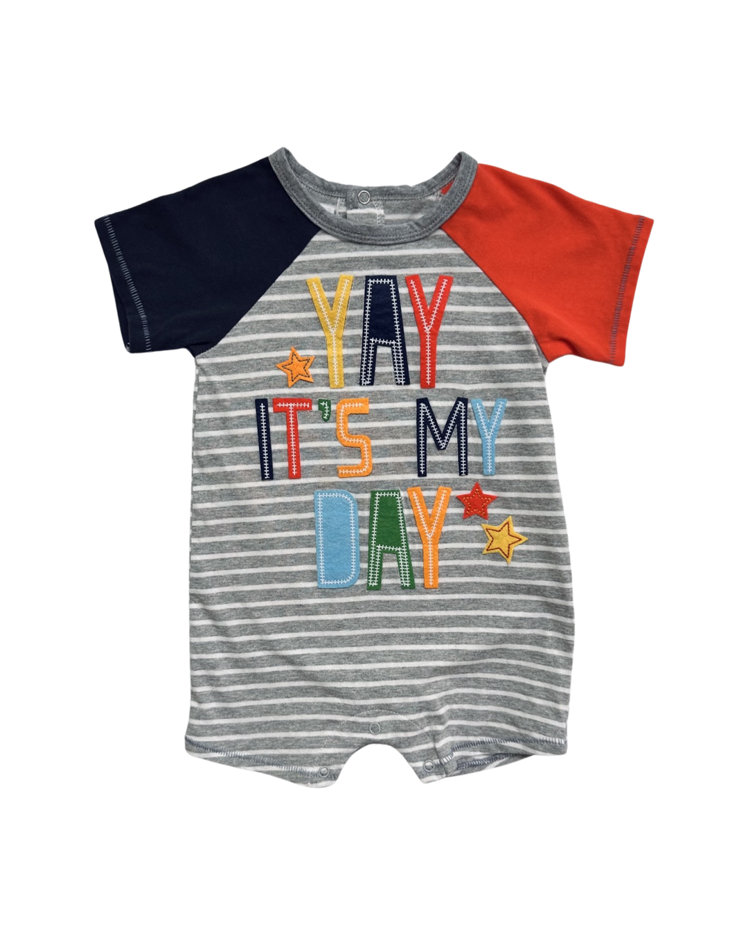 12M-18M Baby Boy MudPie “Yay It’s My Day” Gray Striped Romper