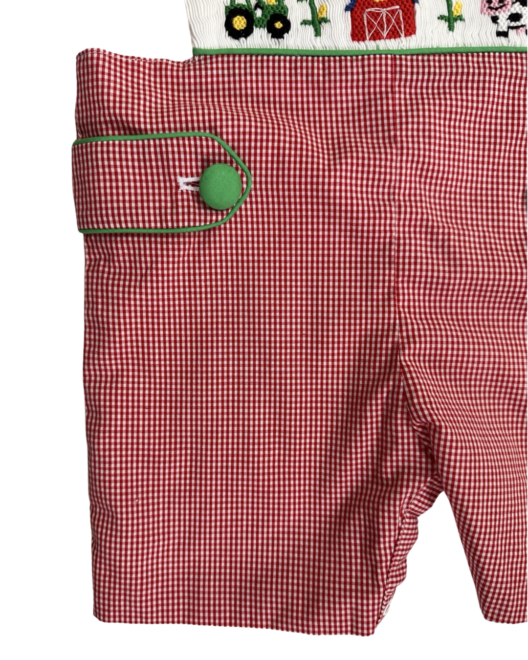 12M Baby Boy Babeeni Red Gingham Smocked Tractor Farm Romper
