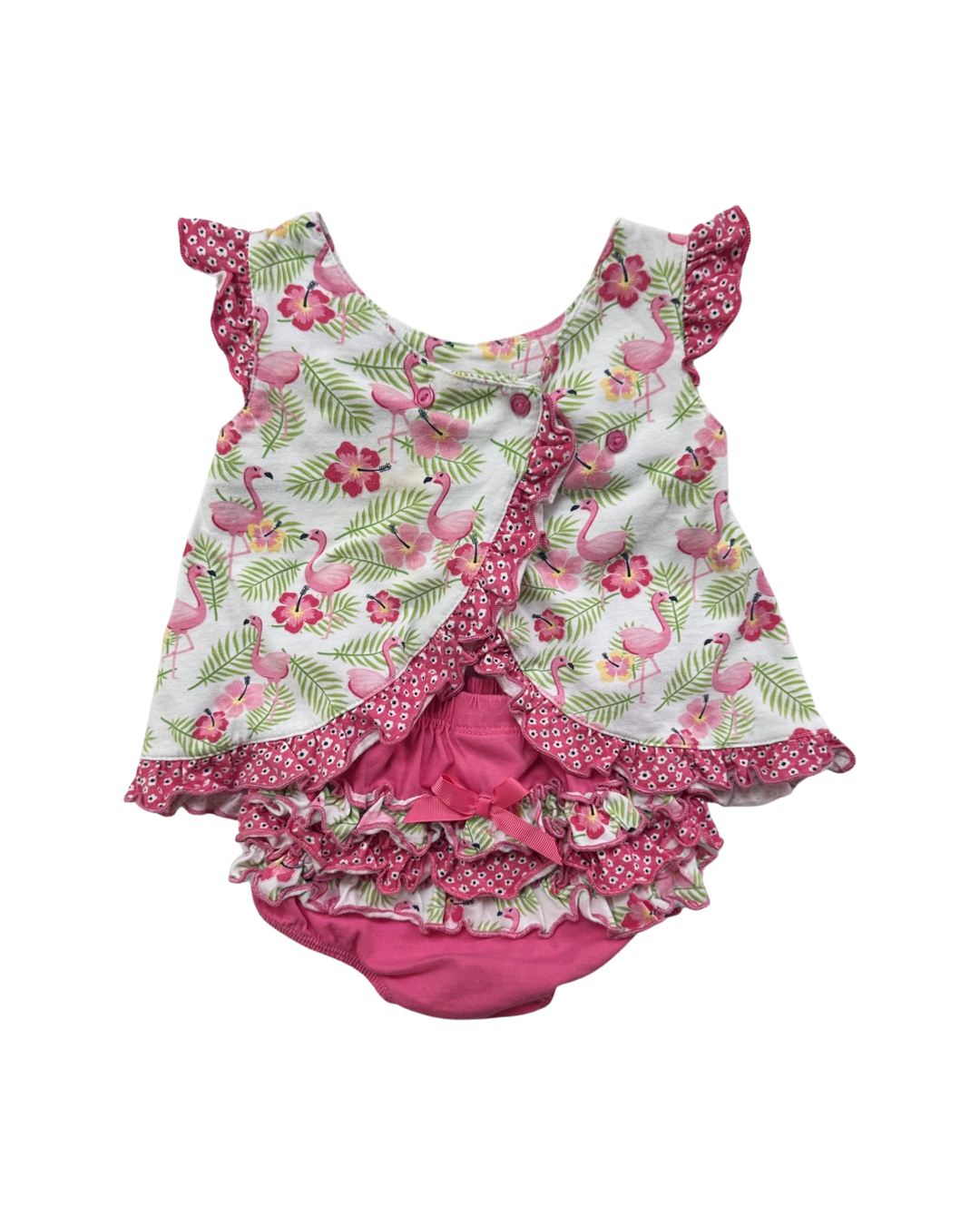 18M Baby Girl Nannette Baby Pink Flamingo Pinafore Top with Rufflebutt Bloomers