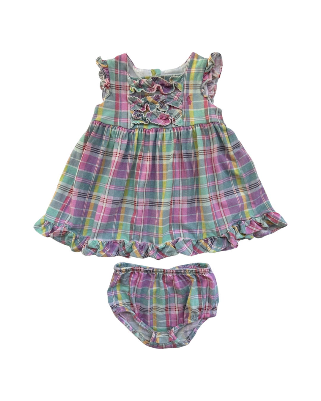 6M Baby Girl Ralph Lauren Pink & Green Plaid Ruffle Dress with Matching Bloomers
