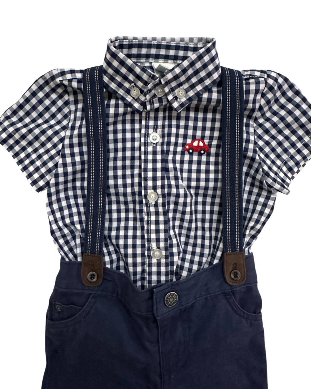 9M Baby Boy Navy Gingham Button Up w/ Navy Suspender Pants