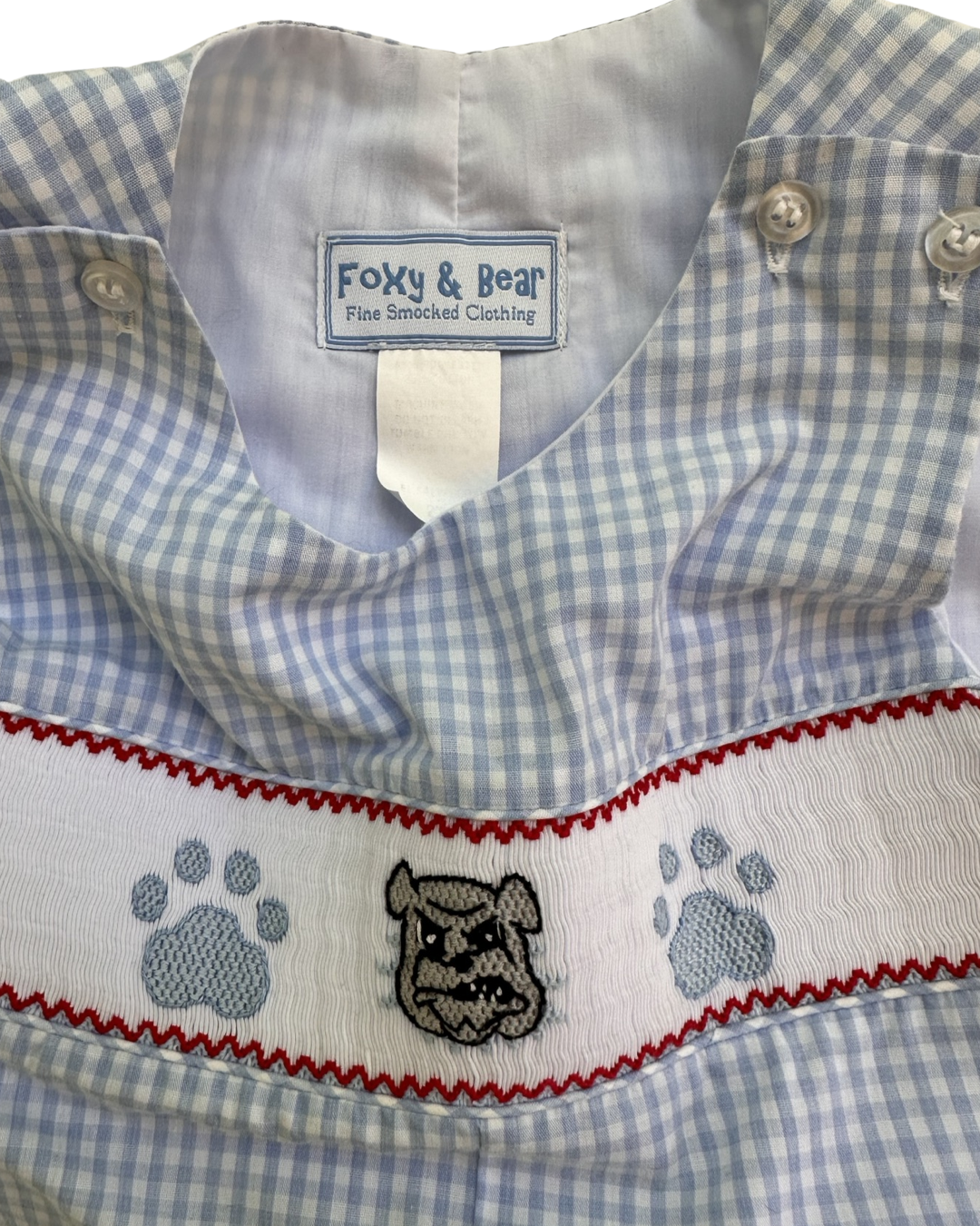 2T Toddler Boy Blue Gingham Foxy & Bear Smocked Bulldog Romper