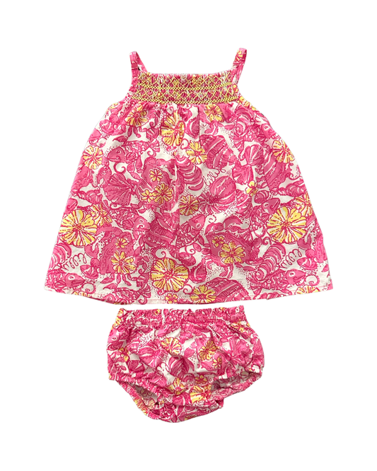 6-12M Baby Girl Lilly Pulitzer Smocked Pink Crab / Seashell / Fish Dress with Bloomers