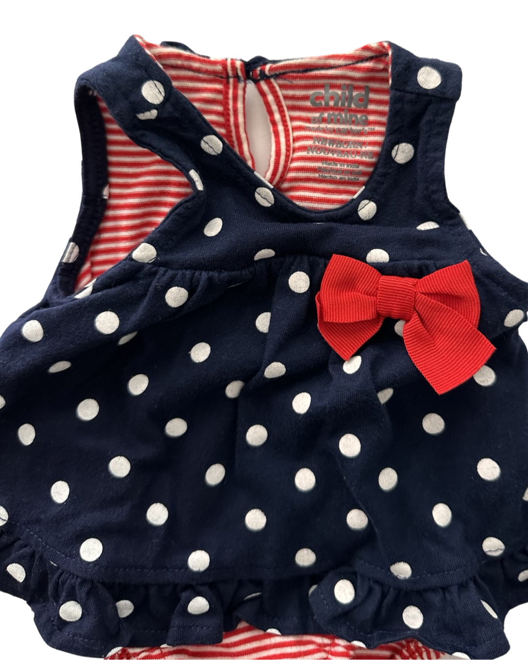 Newborn Baby Girl Carters Child of Mine Navy / White Polka Dot Dress Onsie