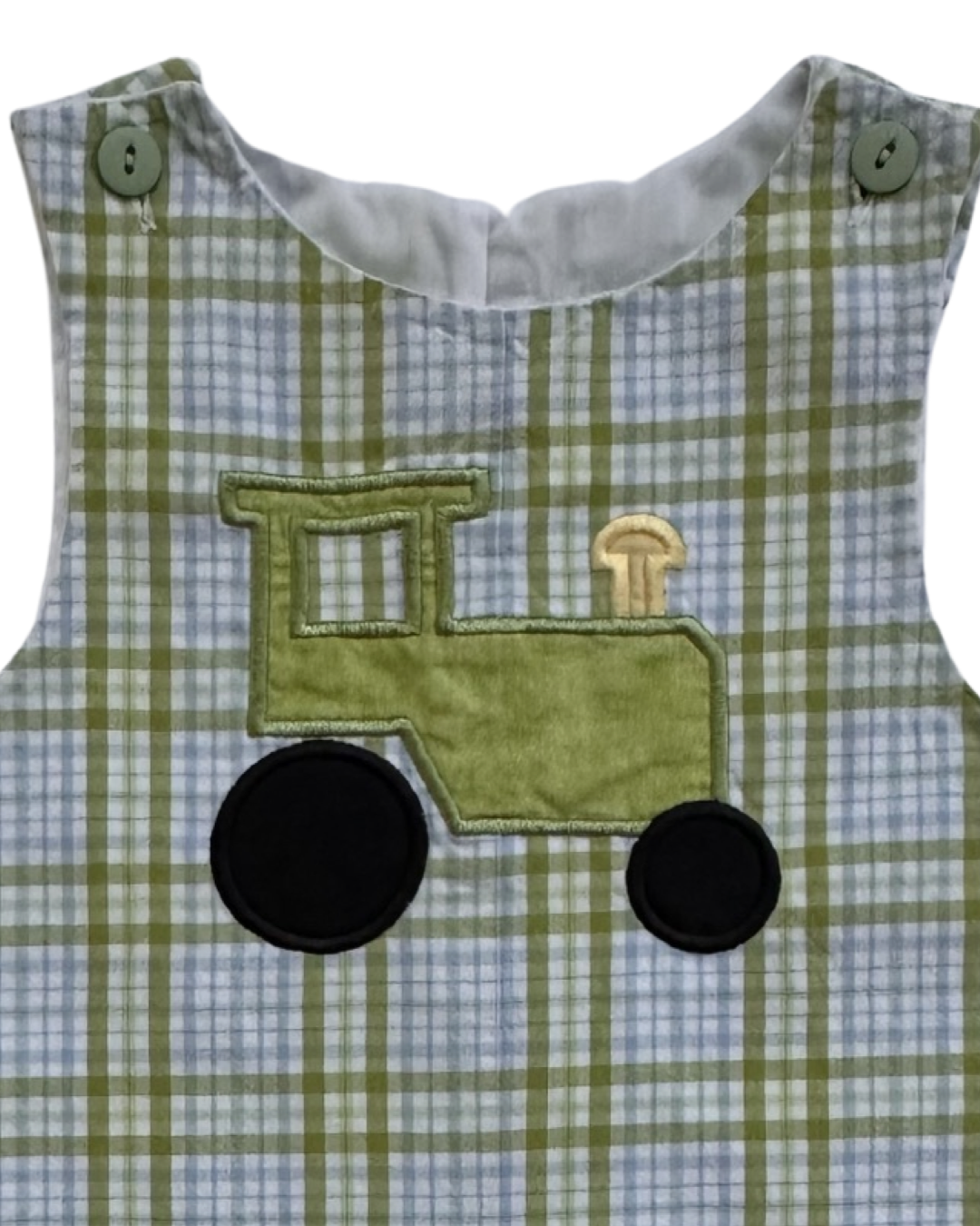 24M Baby Boy Glorimont Green / Blue Plaid Tractor John John Romper