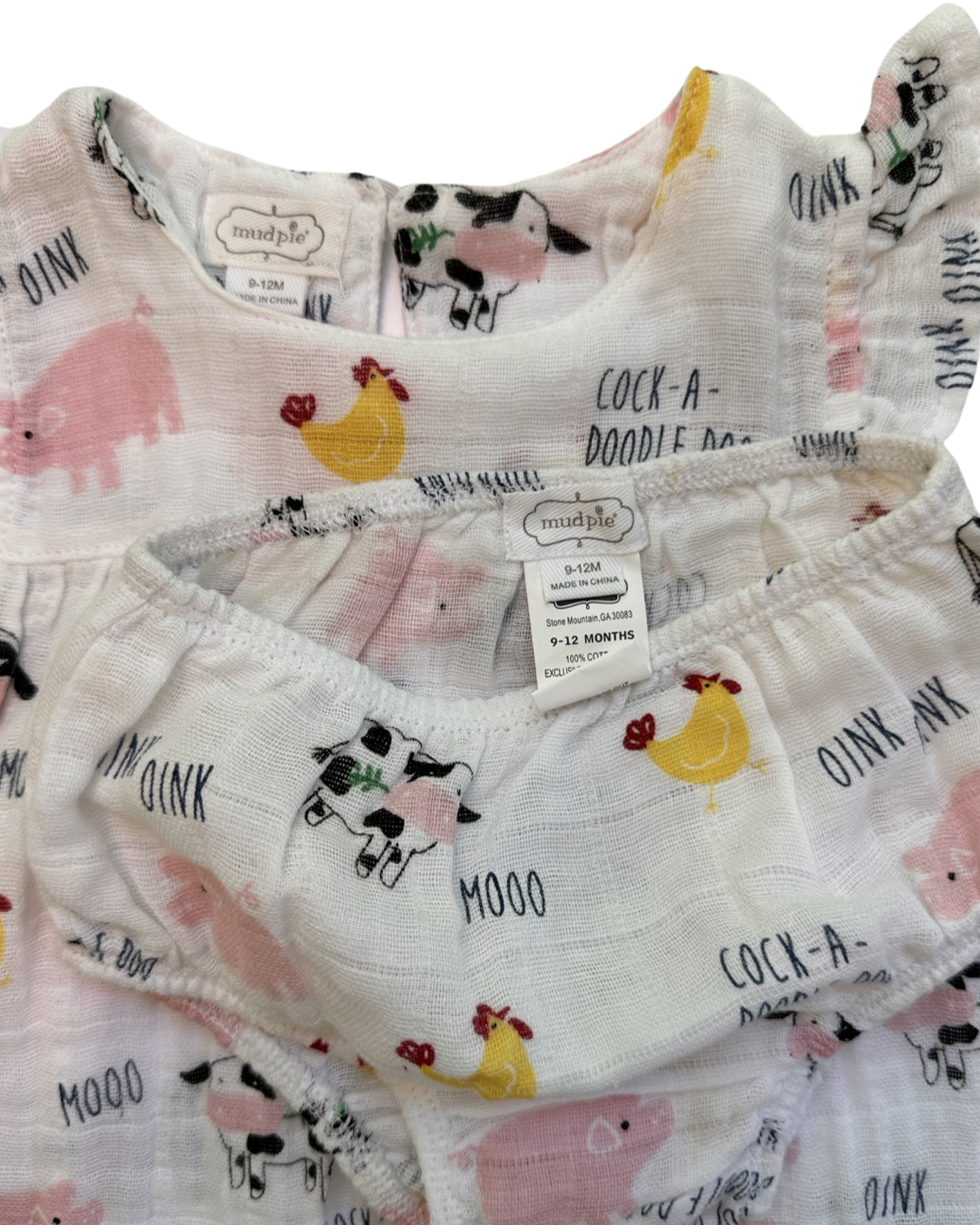 9M Baby -12M Baby Girl Mud Pie Farm Animal Muslin Dress w/ Bloomers