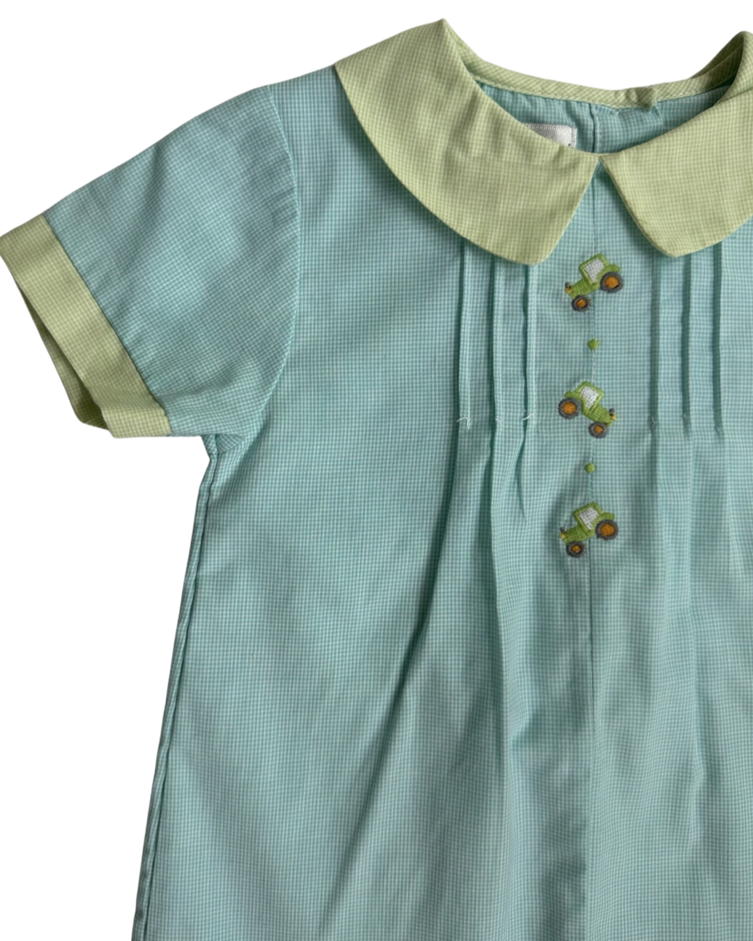 12M Baby Boy Petit Ami Aqua / Green Gingham Tractor Romper