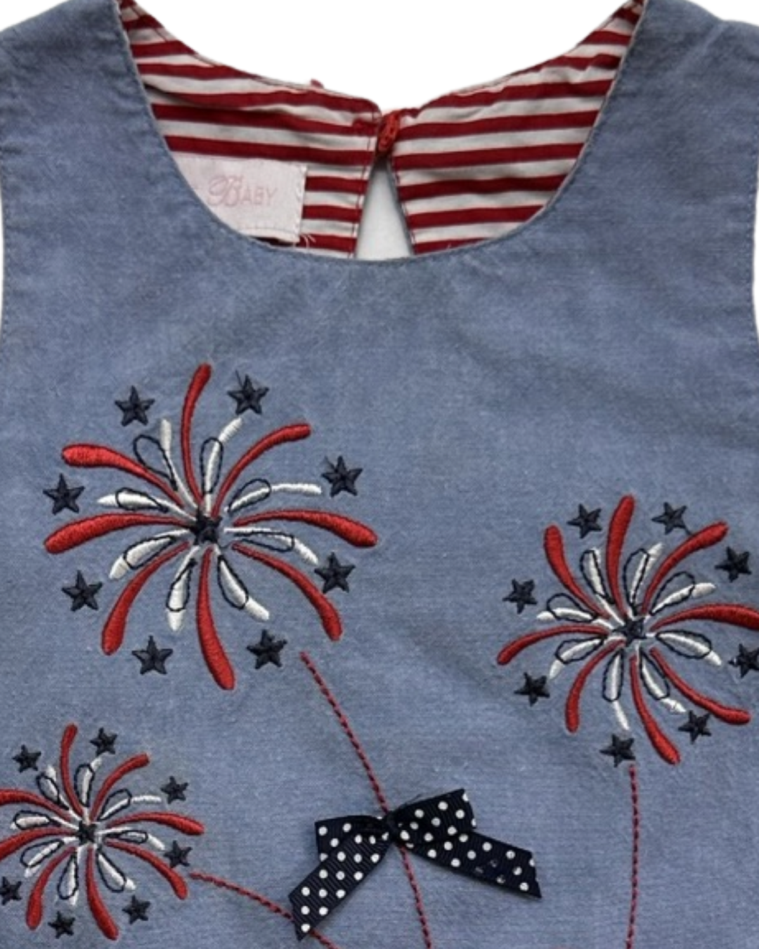 12M Baby Girl Bonnie Baby Chambray Patriotic Dress with Embroidered Fireworks and Red / White & Blue Bows