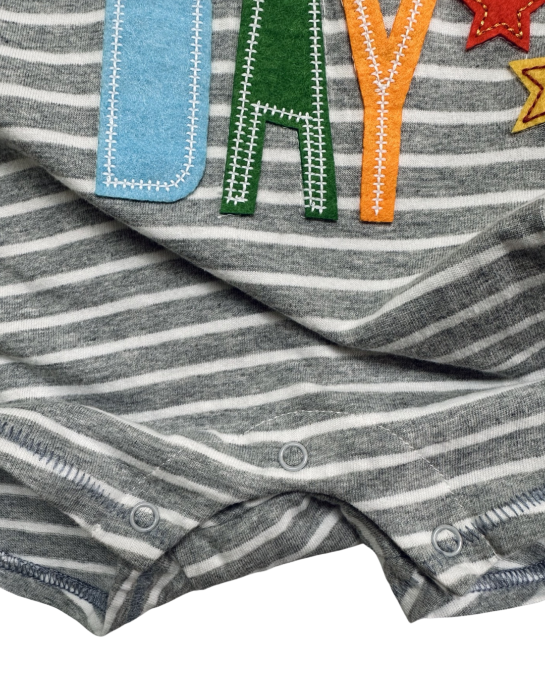12M-18M Baby Boy MudPie “Yay It’s My Day” Gray Striped Romper