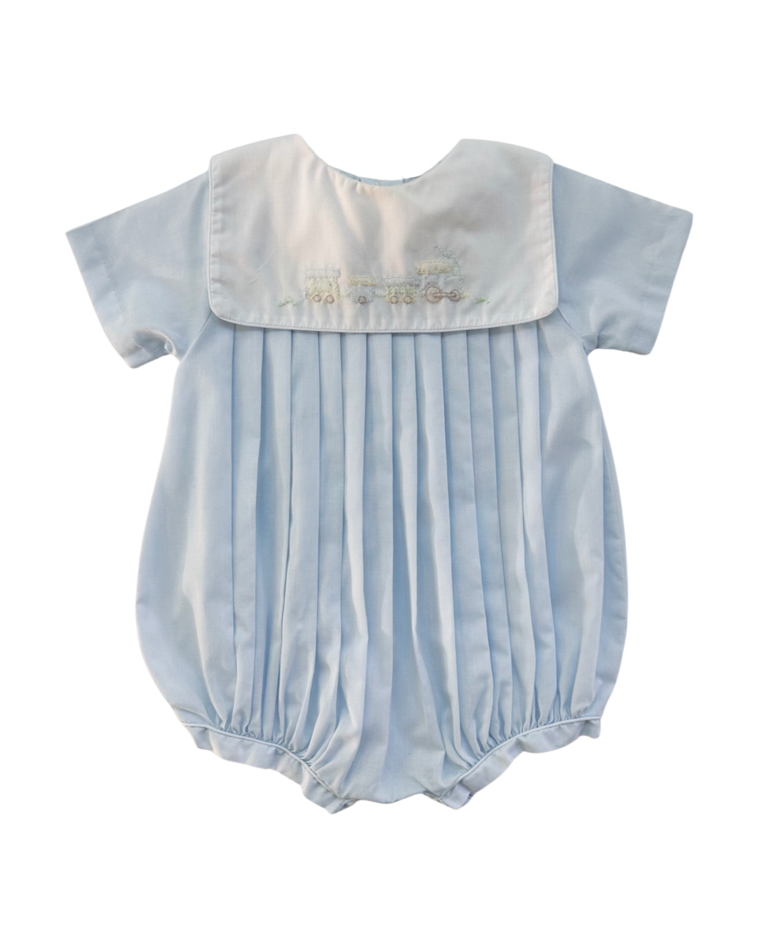 6M Baby Boy Classic Petit Ami Light Blue Bubble with Embroidered Train Collar