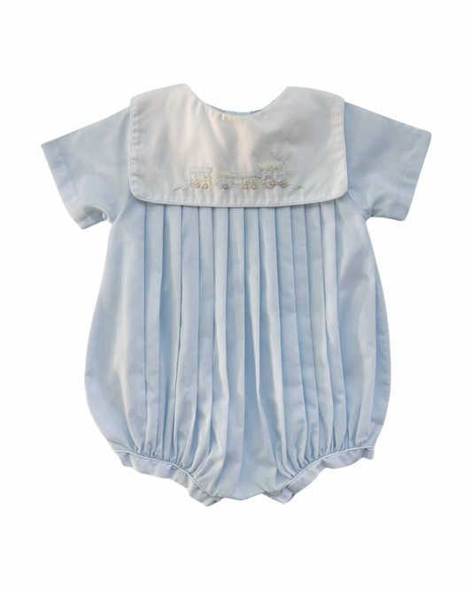 6M Baby Boy Classic Petit Ami Light Blue Bubble with Embroidered Train Collar